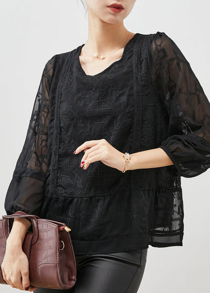 Black Embroidered Tulle Blouse Top Bracelet Sleeve