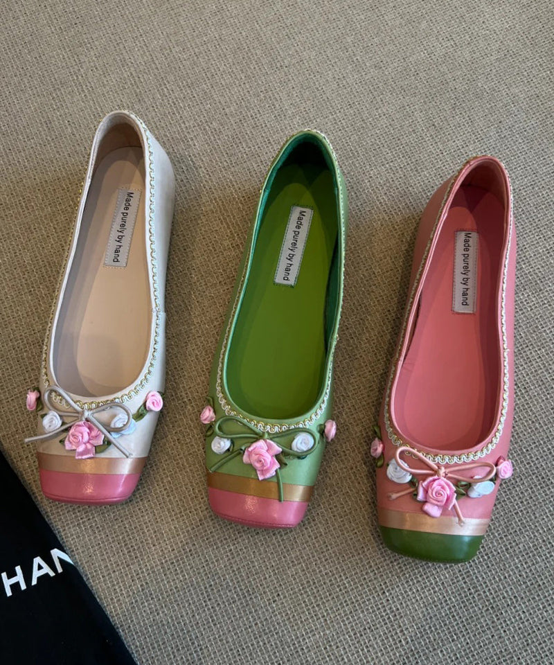 Pink Embroidered Splicing French Flat Shoes for