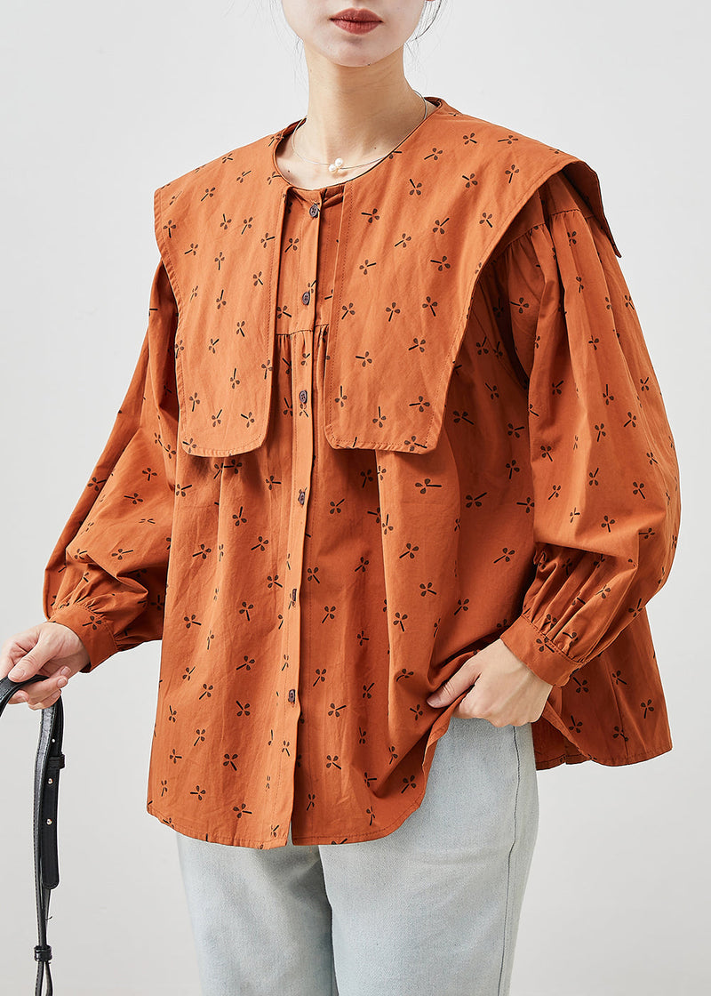 Orange Oversized Print Cotton Tops Fall