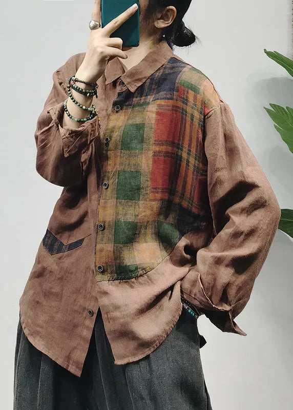 Green Button Peter Pan Collar Plaid Patchwork Linen Blouse Top Long Sleeve