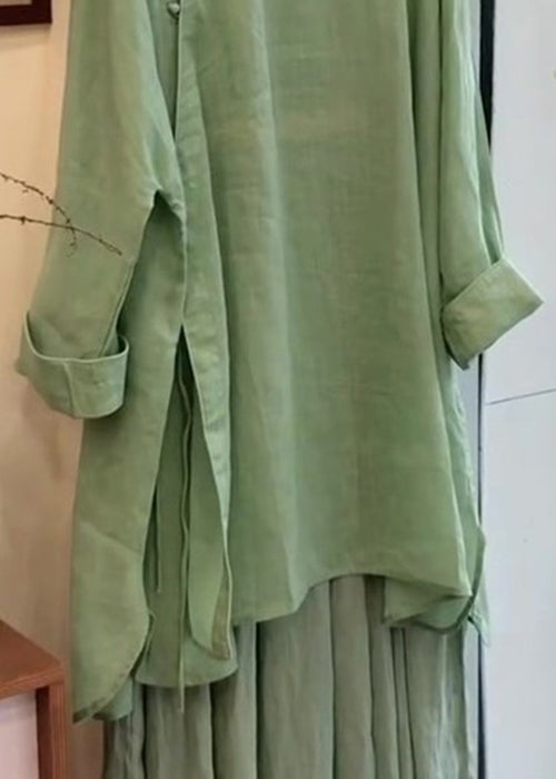 Green Button Side Open Blouses and Skirts Linen Two Pieces Set Fall