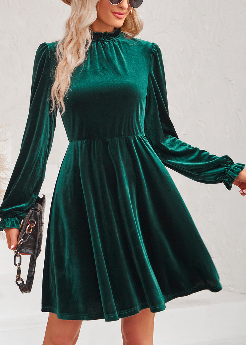 Blackish Green Ruffled Patchwork Velour Mid Dress Fall