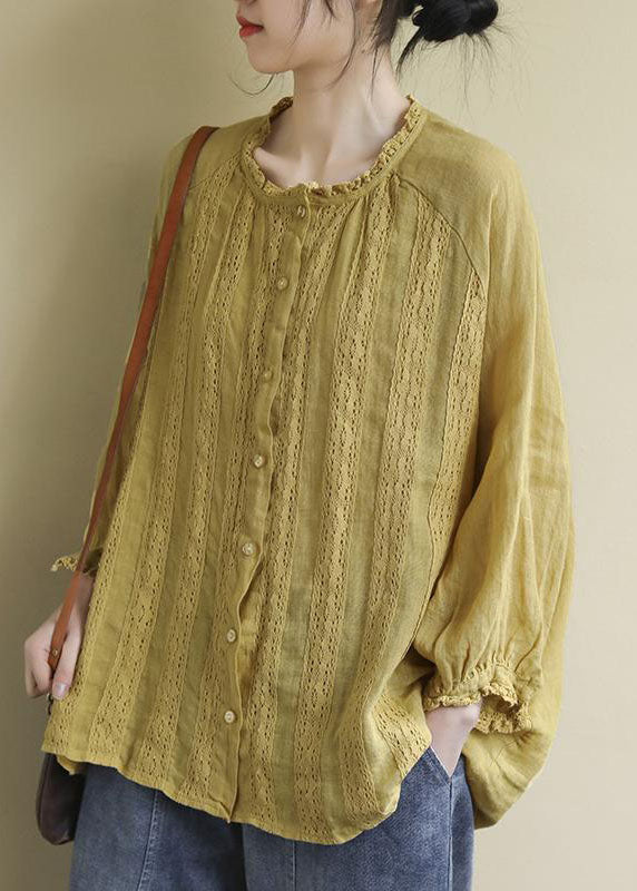 Yellow Button Embroideried Linen Shirts Long Sleeve