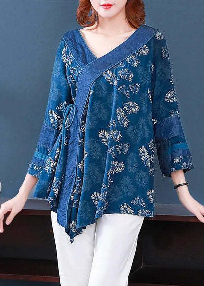 Boutique Blue Tie Waist Asymmetrical Design V Neck Print Patchwork Cotton Top Three Quarter Sleeve