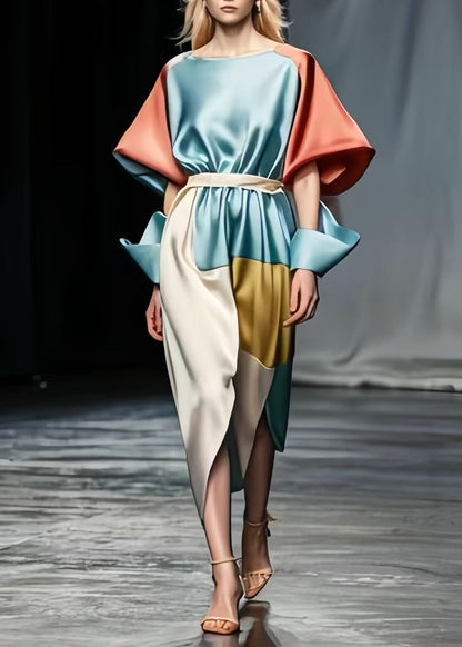 Sky Blue Tie Waist Patchwork Side Open Silk Dresses Puff Sleeve Fall
