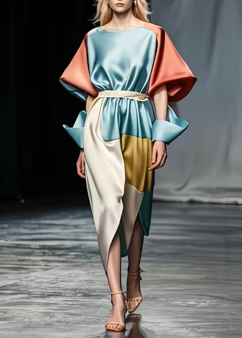 Sky Blue Tie Waist Patchwork Side Open Silk Dresses Puff Sleeve Fall