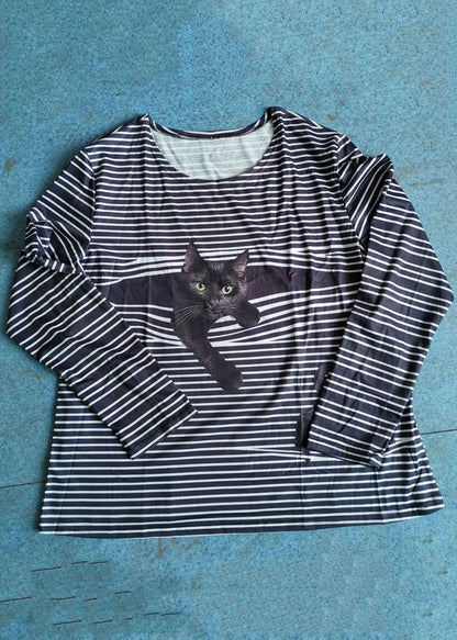 Black Whiet Striped Cat Print O-neck Long Sleeve T-shirts