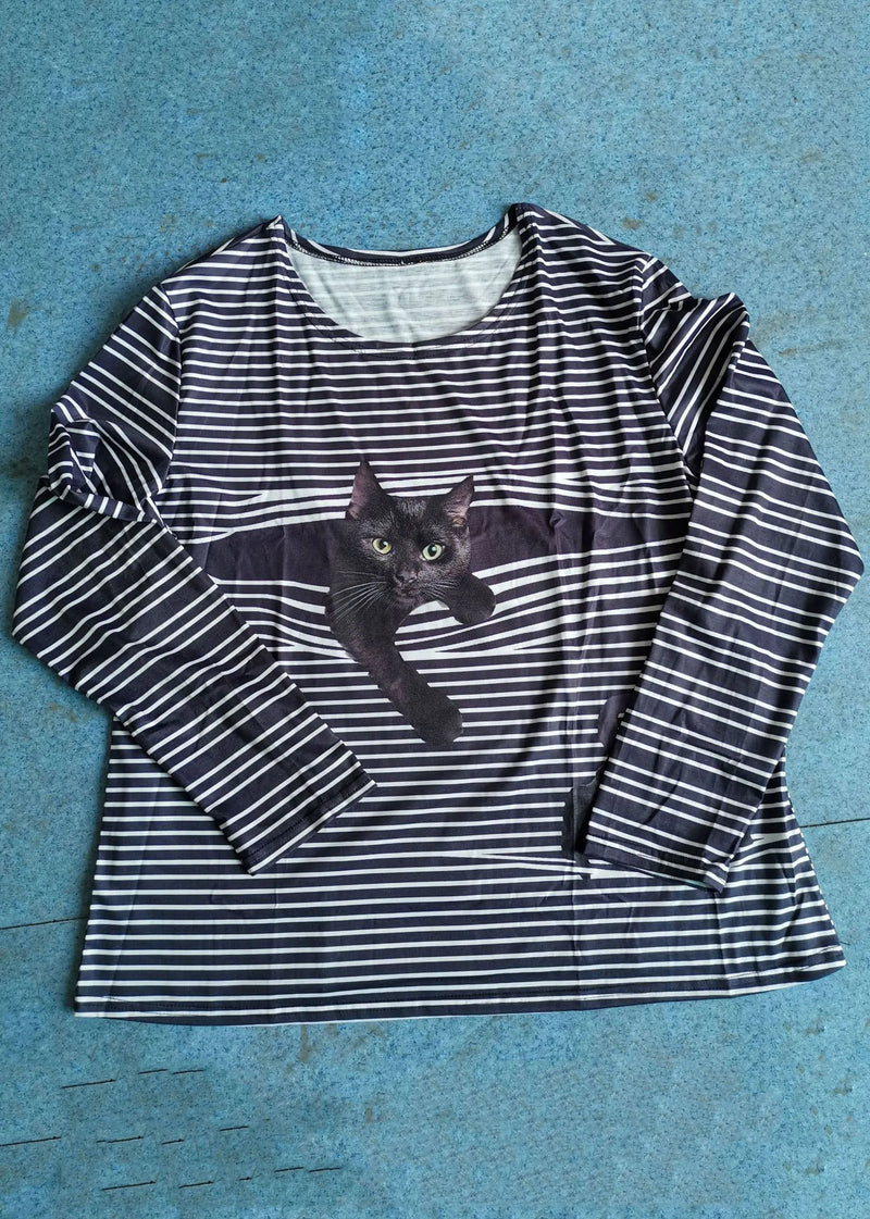 Black Whiet Striped Cat Print O-neck Long Sleeve T-shirts