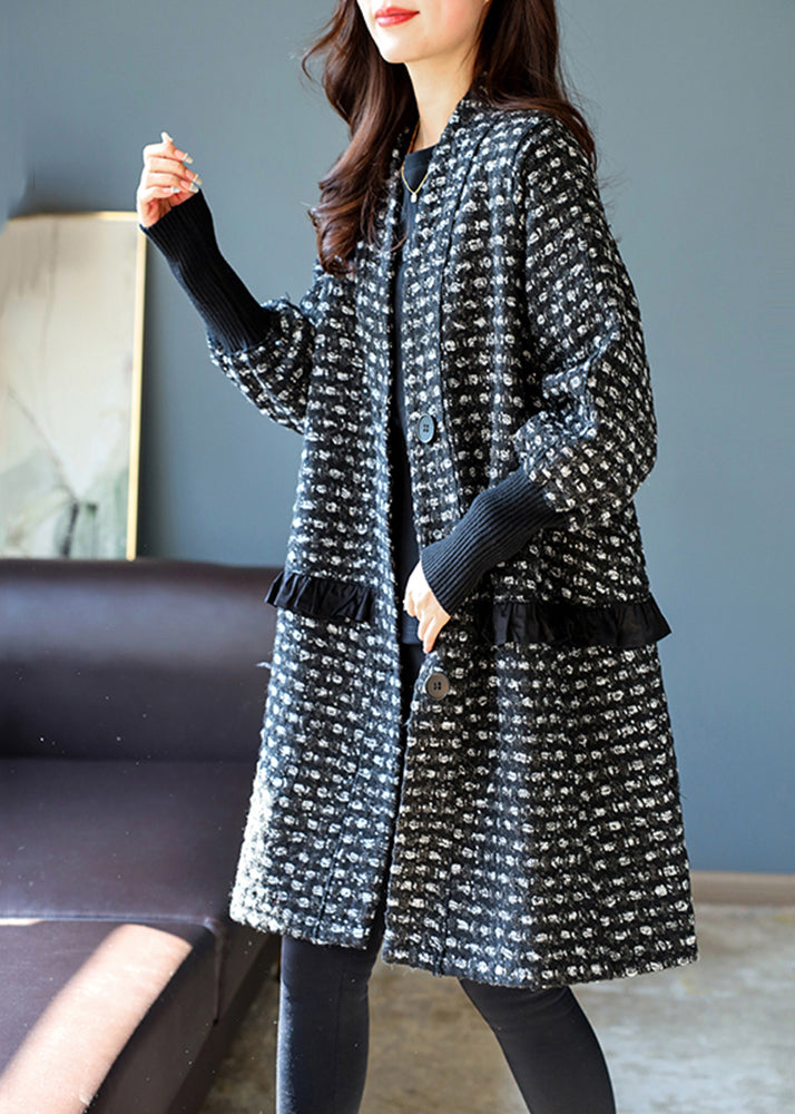Green V Neck Ruffled Striped Knit Patchwork Thick Coat Long Sleeve