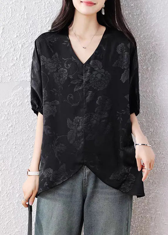 French Black V Neck Jacquard Silk Blouse Top Batwing Sleeve