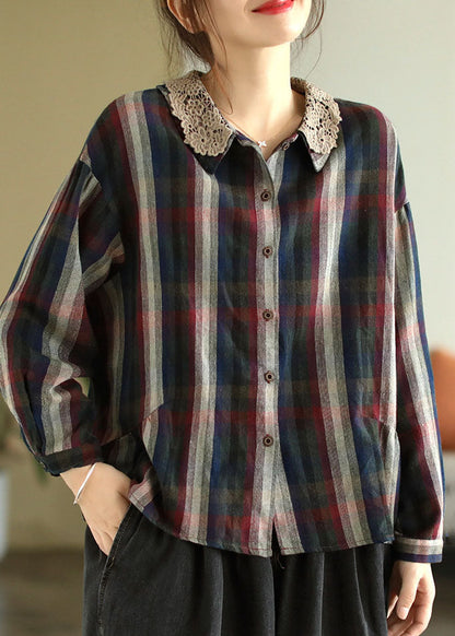 Colorblock Plaid Lace Patchwork Cotton Shirts Spring