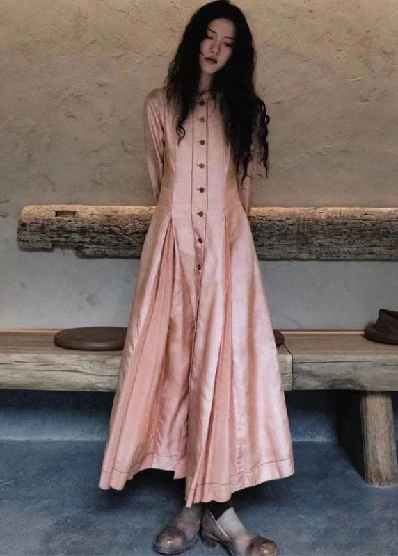 Pink Wrinkled Pockets Cotton Shirts Long Dresses Fall