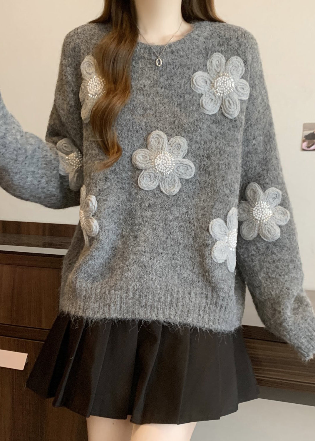 Simple Grey Oversized Knit Sweaters Winter