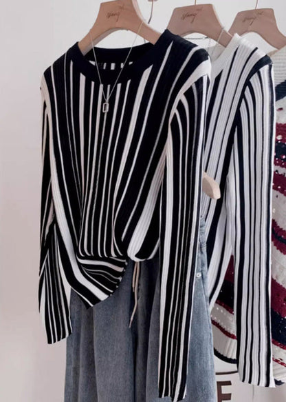 Italian O-neck Striped Knit Sweater Tops Fall