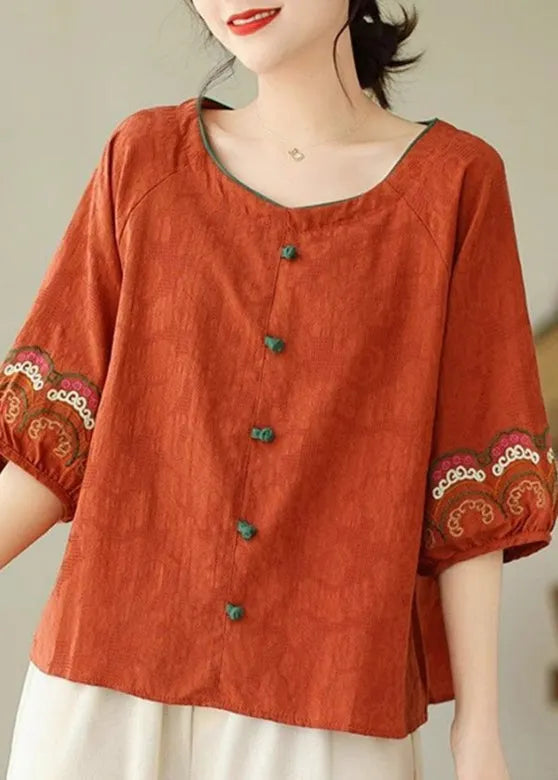 Orange O-neck Button Loose Top Summer