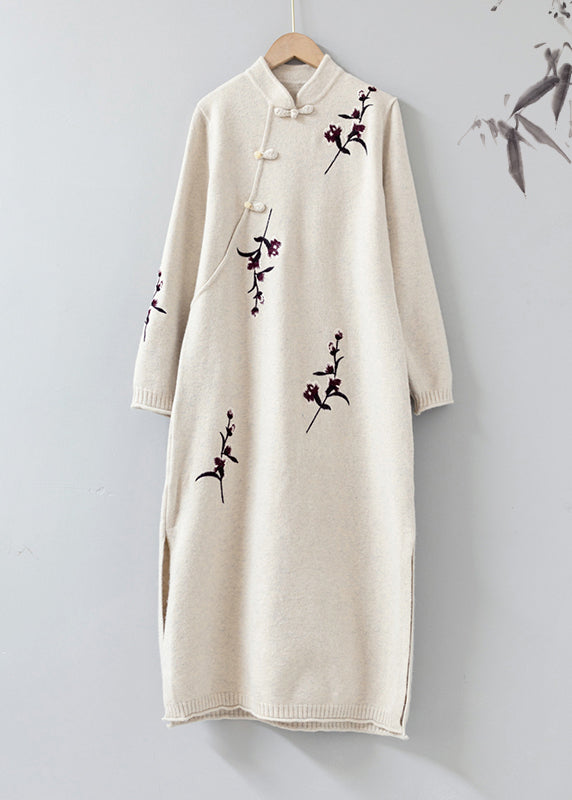 Apricot Stand Collar Embroideried Patchwork Woolen Knit Dress Fall