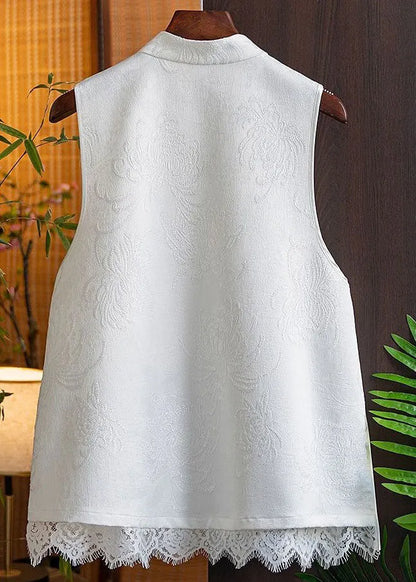White Patchwork Silk Beach Vest Jacquard Stand Collar Sleeveless