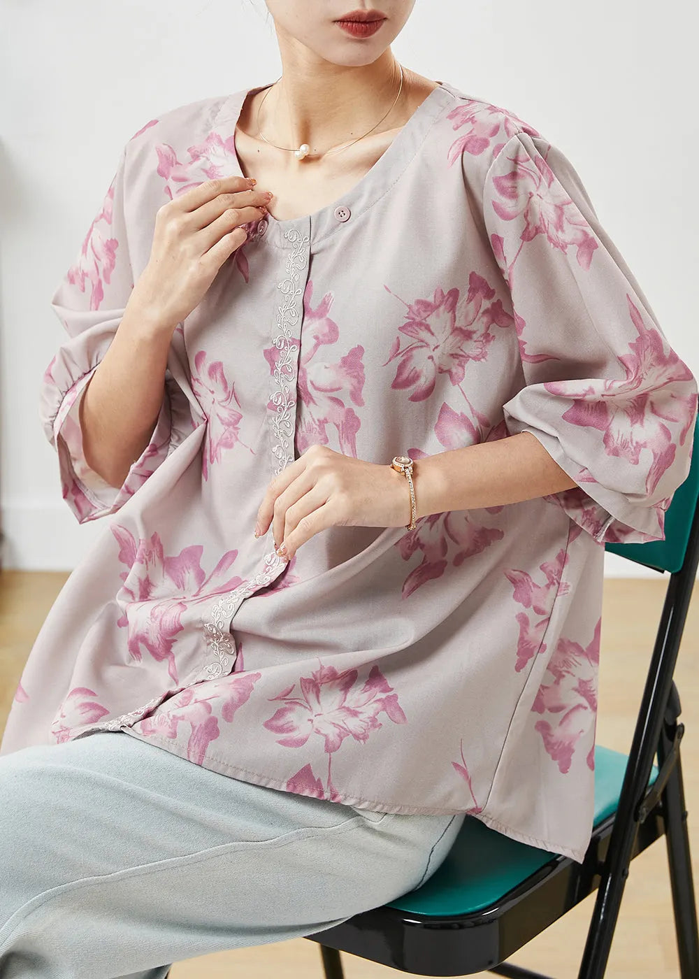 Light Purple Embroidered Print Cotton Shirt Top Spring