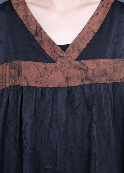 Diy Black Asymmetrical Patchwork Silk Two Pieces Set Half Sleeve