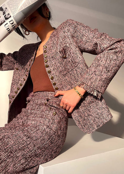 Boutique Light Purple O-neck Tassel Button Cotton Coats and Skirts Two-piece Set Fall