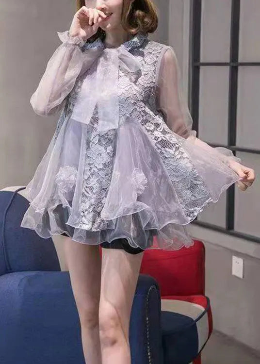 Stylish Silver Ruffled Patchwork Organza Tops Spring