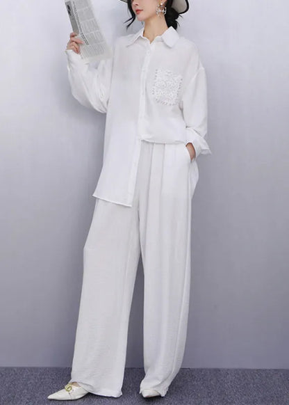 Classy White Peter Pan Collar Nail Bead Shirt and Wide Leg Pants Two Piece Set Fall