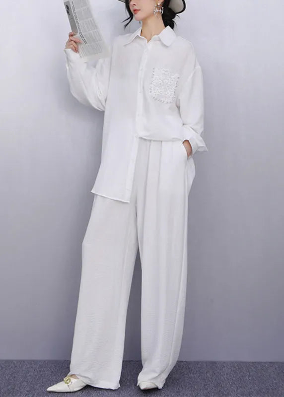 Classy White Peter Pan Collar Nail Bead Shirt and Wide Leg Pants Two Piece Set Fall