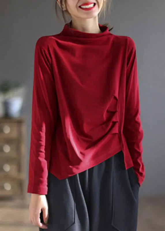 Blue Turtleneck Asymmetrical Design Patchwork Fall Tops