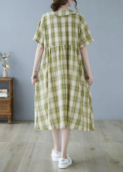 Green Plaid Peter Pan Collar Button Summer Party Dress Half Sleeve