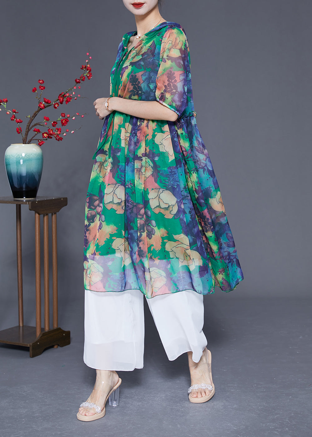 Green Hooded Ruffled Print Chiffon Dress Summer