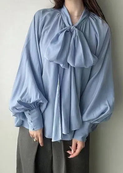 Blue Bow Oversized Silk Tops Lantern Sleeve Fall