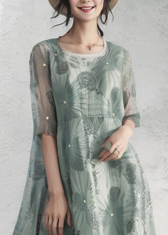 Fine Green U Neck Print Loose Silk Long Dresses Summer