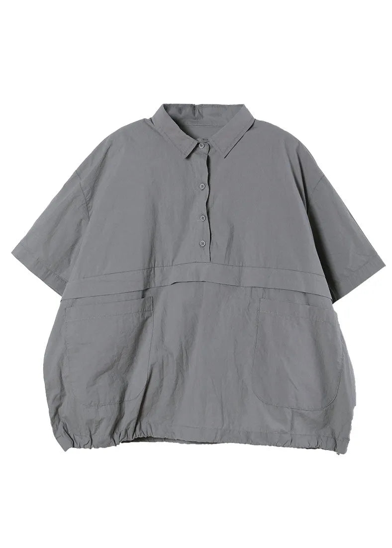 Grey Oversized Pockets Color Cotton Shirts Short Sleeve