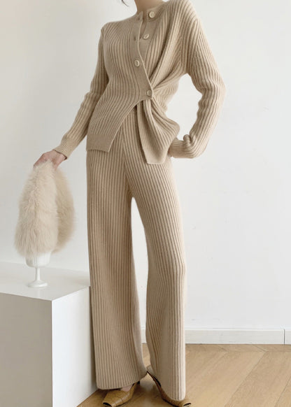 Khaki Asymmetrical Button Patchwork Cotton Knit Two Pieces Set Fall