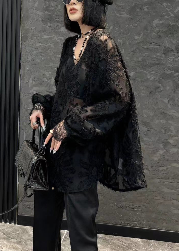 Loose Black V Neck Chiffon Shirt Long Sleeve