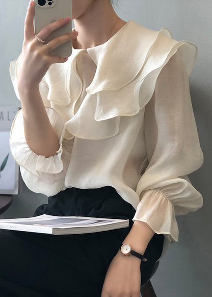 White Patchwork Thin Cotton Shirt Ruffled Long Sleeve