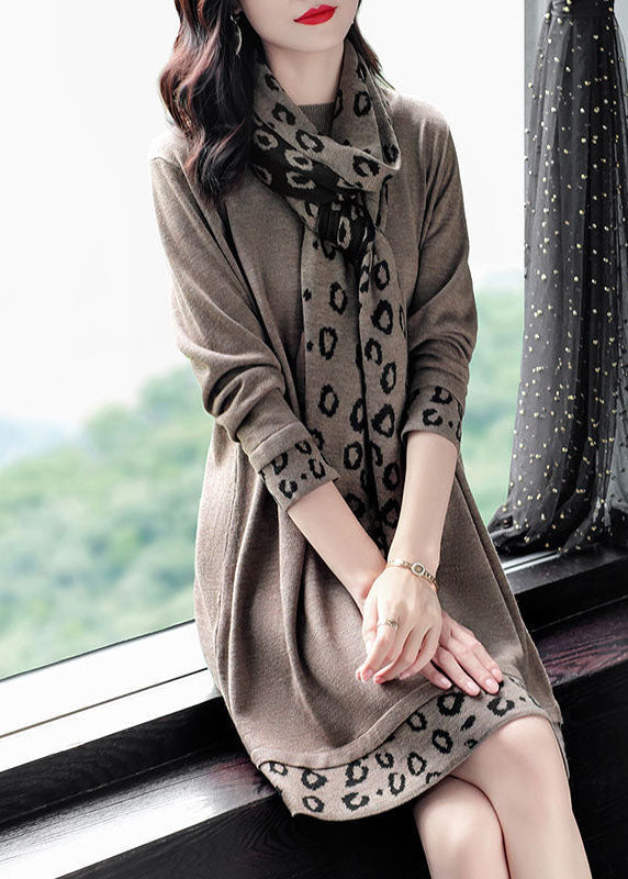 Camel Print Patchwork Knitted Dress O-neck Scarf Long Sleeve Fall