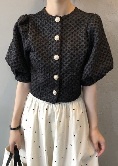 Black Button Wrinkled Cotton Blouseso Neck Puff Sleeve