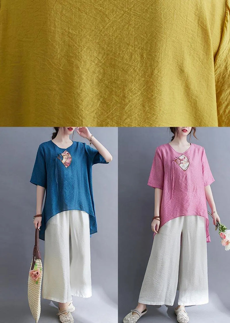 Italian Yellow Embroideried Cotton Linen Top Summer