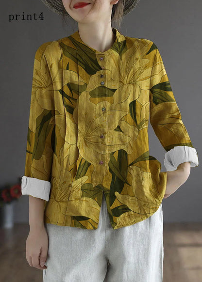 White Flower Button Fall Top Long Sleeve Linen