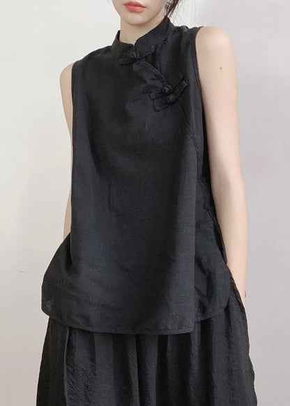 Black Stand Collar Button Cotton Vest Sleeveless