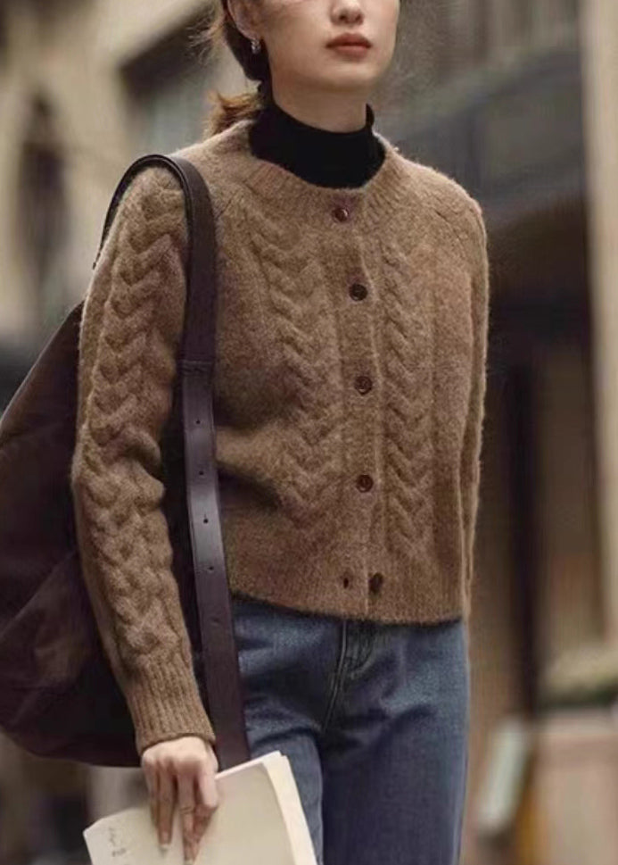 Brown Button Patchwork Warm Knit Coats Fall
