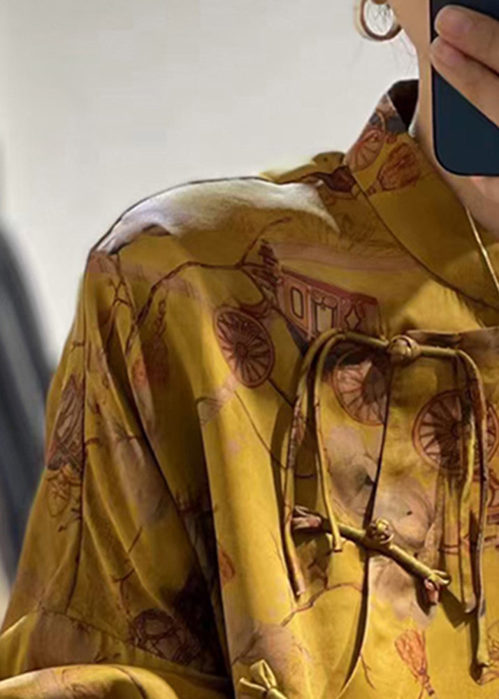 Yellow Button Print Patchwork Silk Shirt Fall