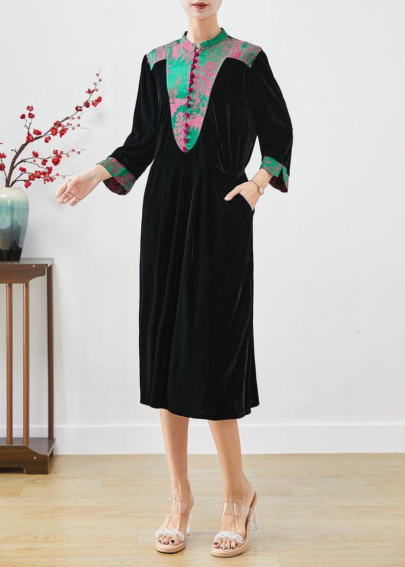 Black Mandarin Collar Patchwork Silk Velour Dresses Fall