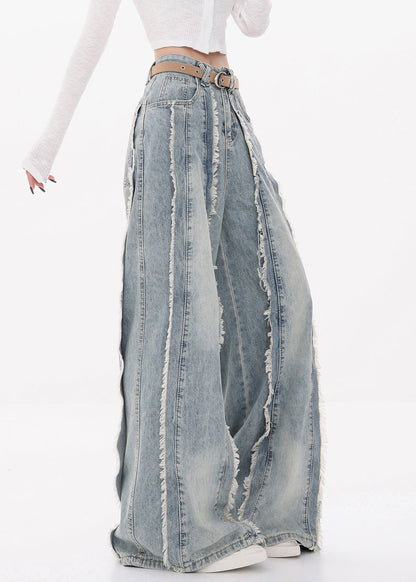 Original Design Blue Raw Edge High Waist Denim Pants Fall