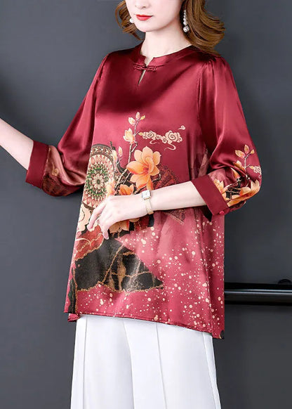 Boutique Red O-neck Print Draping Silk Blouse Tops Bracelet Sleeve