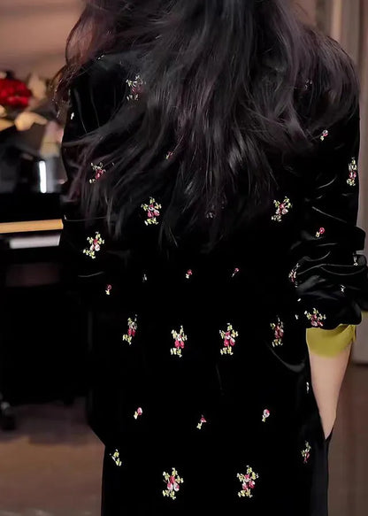 Chinese Style Black Embroidered Chiffon Shirt Tops Spring