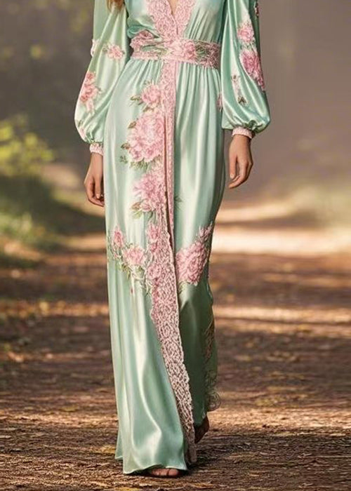 Green V Neck Print High Waist Silk Long Dress Spring