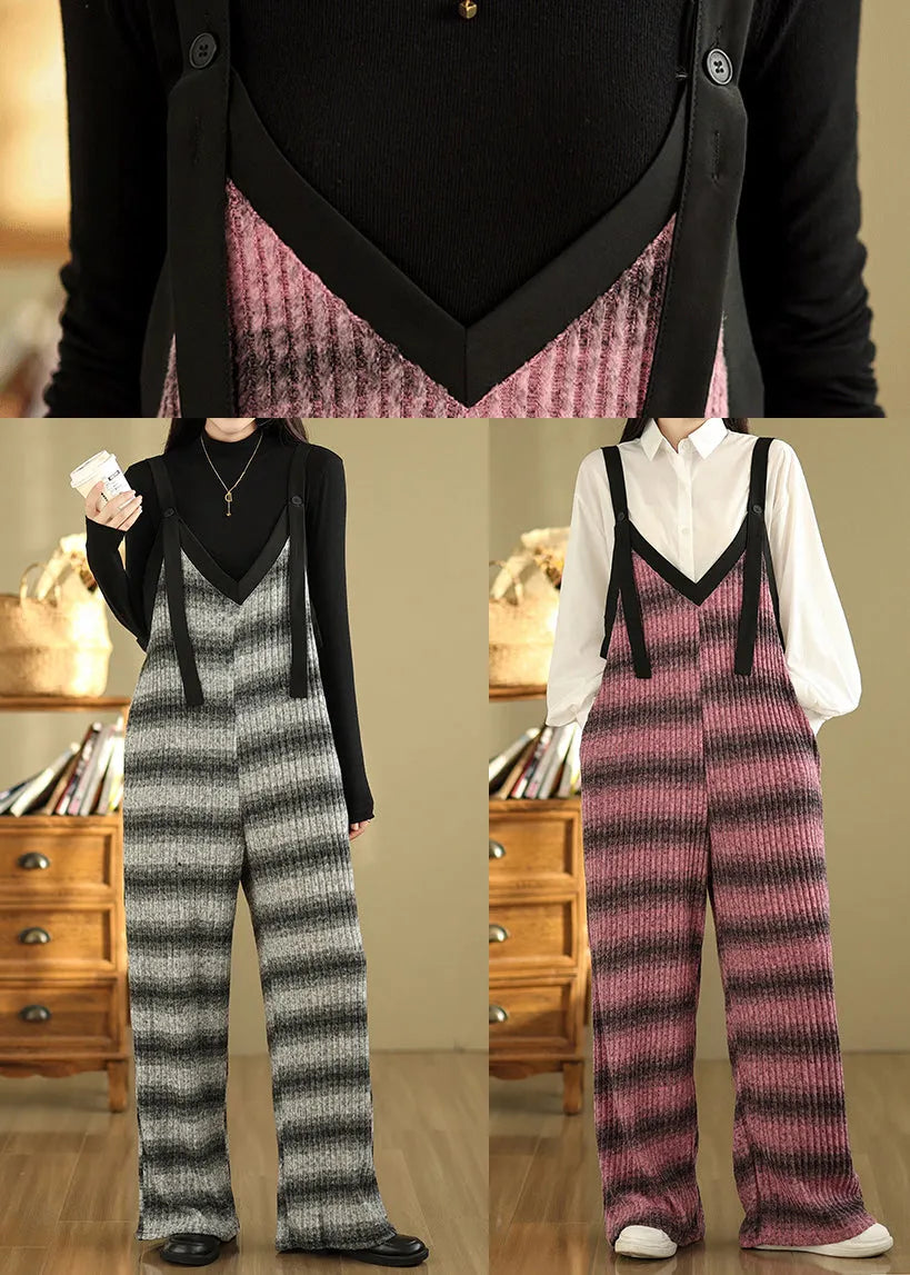 Grey Oversized Striped Cotton Overalls Jumpsuit Summer
