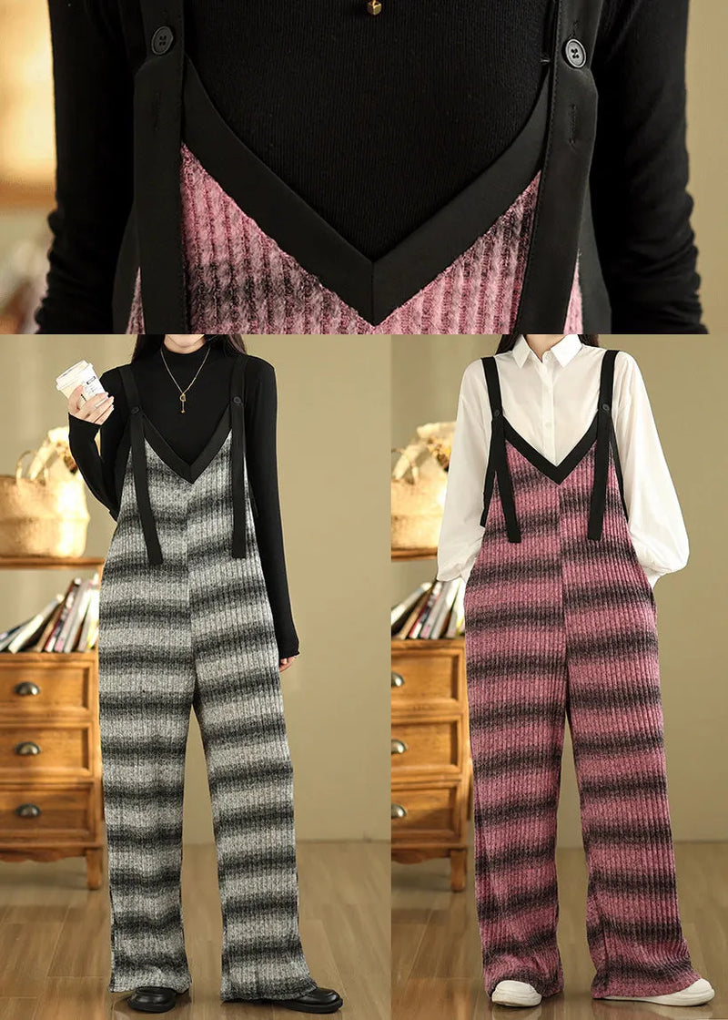 Grey Oversized Striped Cotton Overalls Jumpsuit Summer